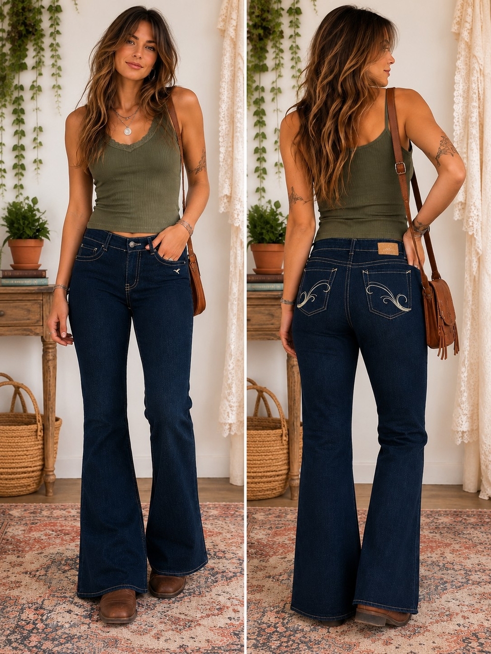 Grane Dark Wash Flare Jeans Women's Bootcut Y2K Stretch Denim Embroidered Pocket